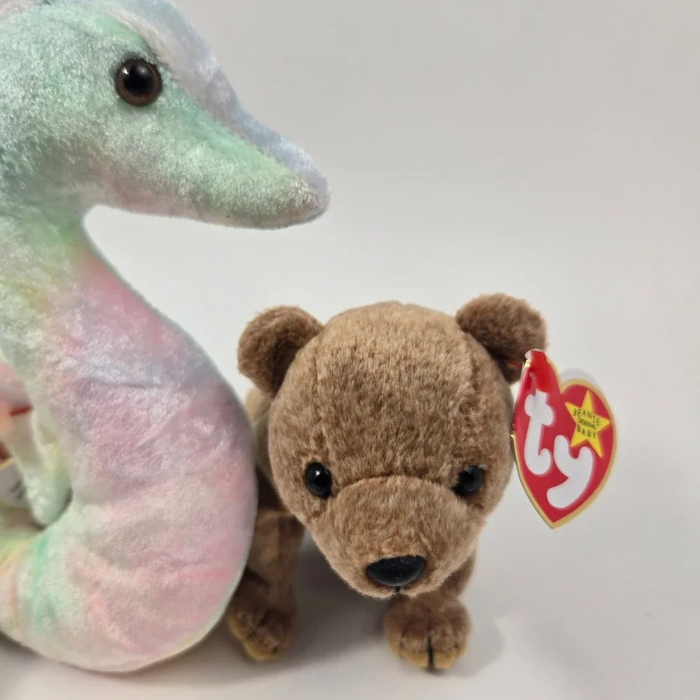 Ty Beanie Babies Lot Neon Seahorse Fuzz Bear Sammy Bear Tie Dye Plush Bundle 3pc